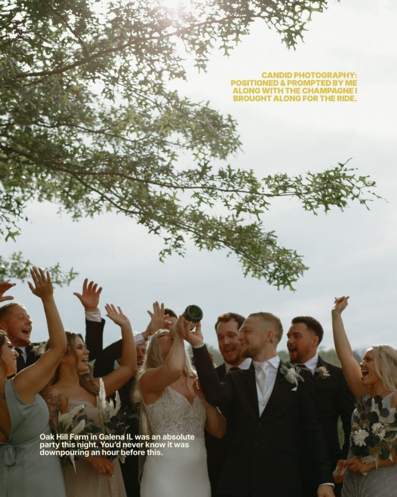 Candid Wedding Photography — Champagne Spray at Oak Hill Farm Galena IL