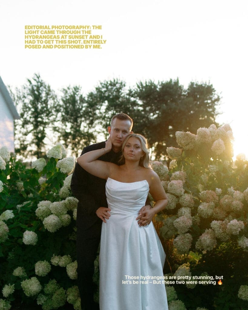 Editorial Wedding Photography — Hydrangeas & Sunset Light surrounding the bride and groom while the groom snuggles in close