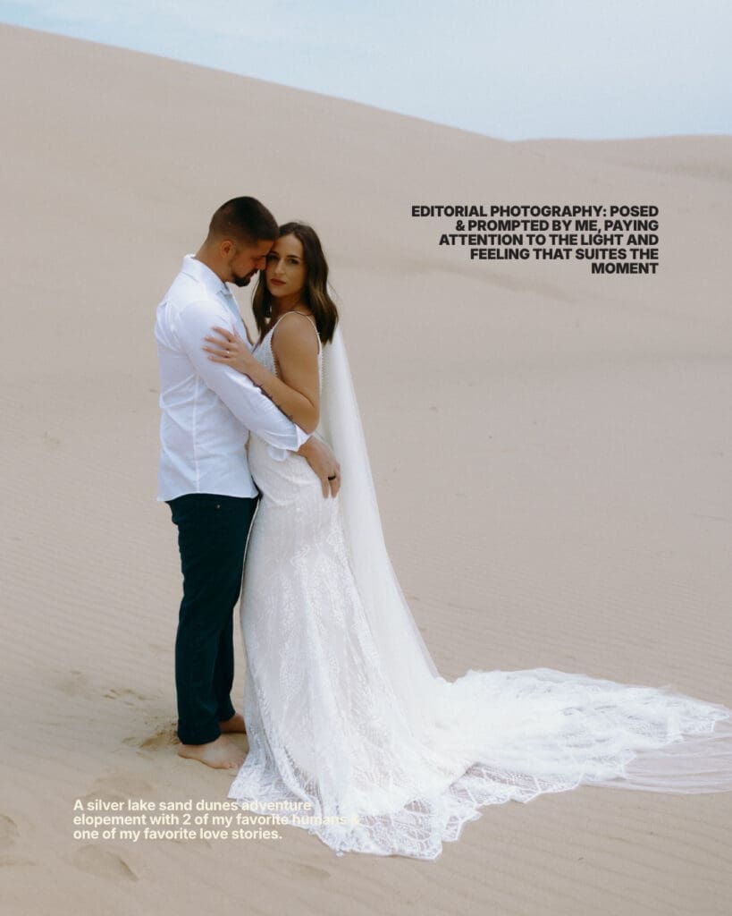 Editorial Destination Elopement Photography — Silver Lake Sand Dunes Michigan of couple standing close sharing an intimate moment