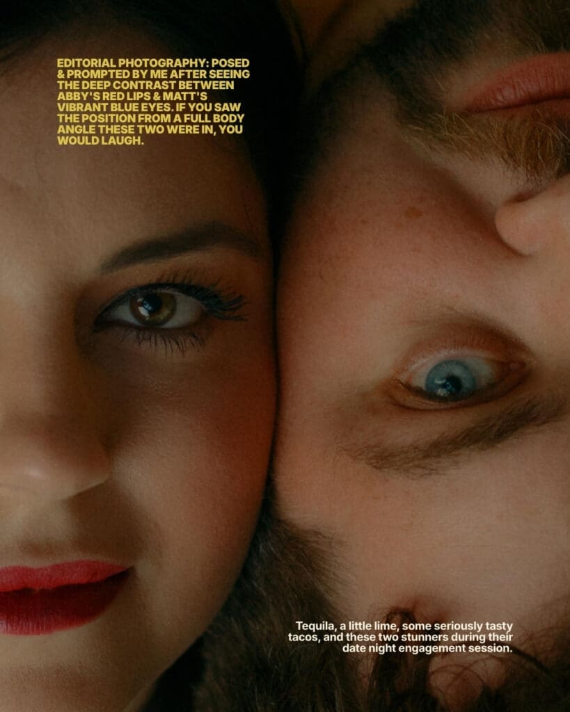Editorial wedding Photography — Intimate Close-Up of eyes Portraits of bride and groom laying side by side.