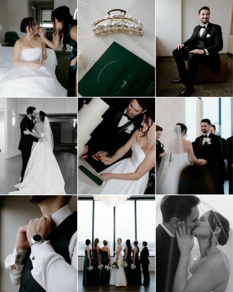 Full wedding day coverage by Chicago wedding photographer Nicole Kilday Photography showing getting ready photos, wedding details, ceremony coverage, cake cutting, wedding party portraits, and candid moments that influence wedding photography pricing and package costs.