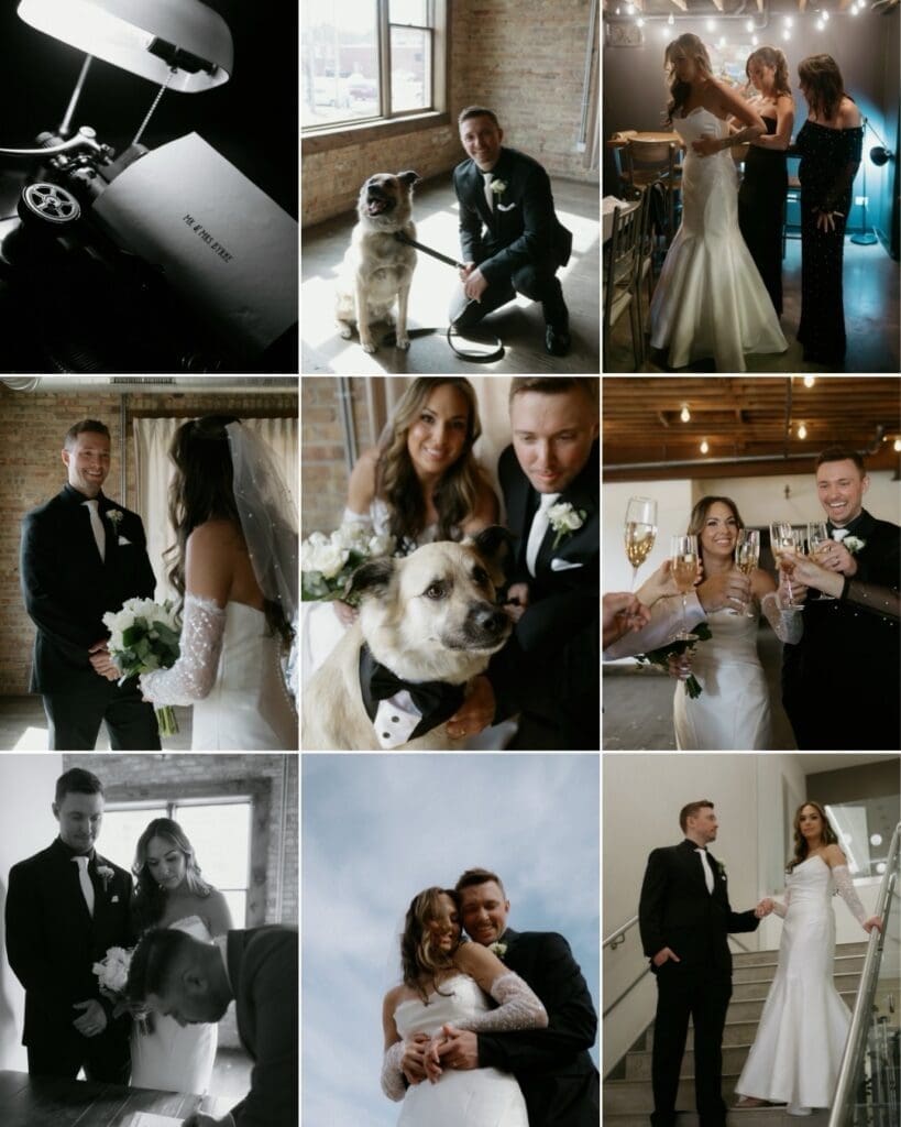 Real wedding photography coverage by Illinois wedding photographer Nicole Kilday Photography, showcasing getting ready photos, first look moments, wedding portraits, pet-friendly weddings, and reception celebrations in a guide explaining how much wedding photography costs in Illinois.