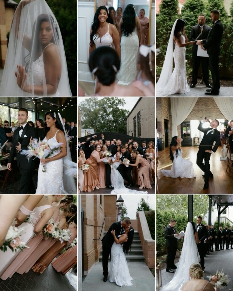 Illinois wedding photography by Nicole Kilday Photography showcasing bridal portraits, outdoor ceremony coverage, wedding party photos, reception moments, and candid storytelling imagery in a guide explaining how much wedding photography costs in Illinois.